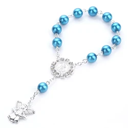 Religious colorful Jewelry Catholic Holy Communion Sublimation Rosary Bracelet Angel Pendants Baptism Gift