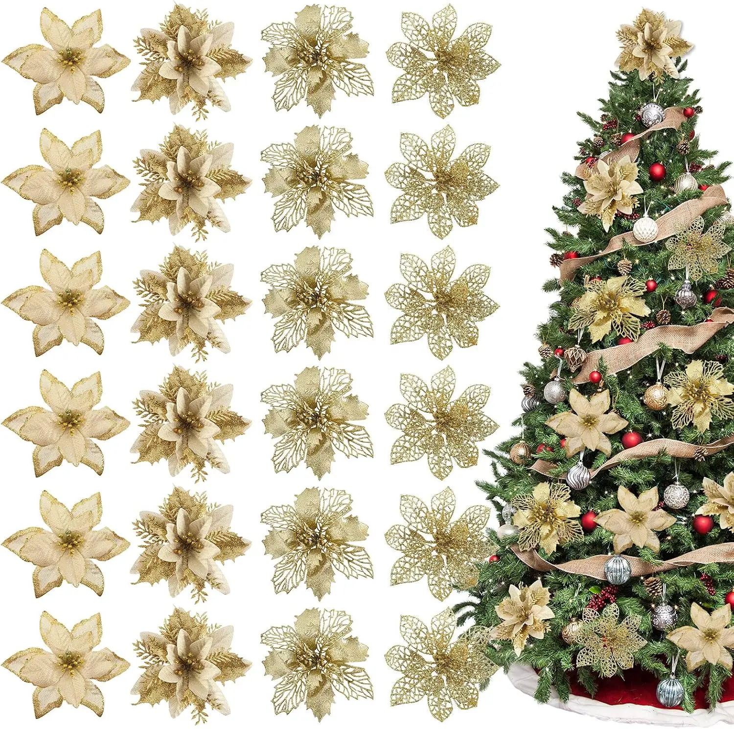 Christmas Poinsettia with Clips Glitter Gold Artificial Flower Winter Party Tree Ornament Wedding Birthday Wreath Decoration