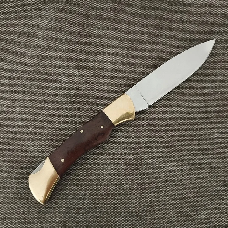 Classic Folding Hunter Knife with Brass Bolsters and Dark Wood Handle for Outdoor Hunting & Camping
