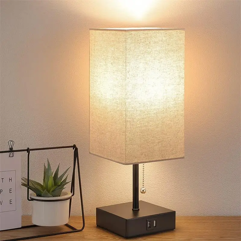 pull chain switch fabric shade  bedroom table lamp  Small Night Stand Light Lamp with USB charging port