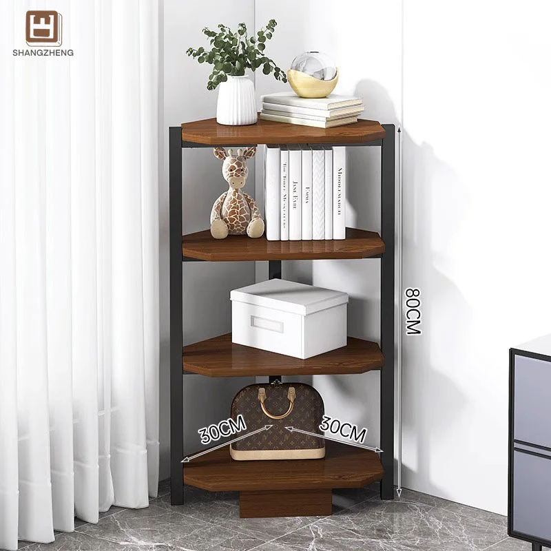 Modern Corner Bookshelf With Rounded Shelves, In Deep Brown And Black Metal, Ideal For Organized Storage And Display