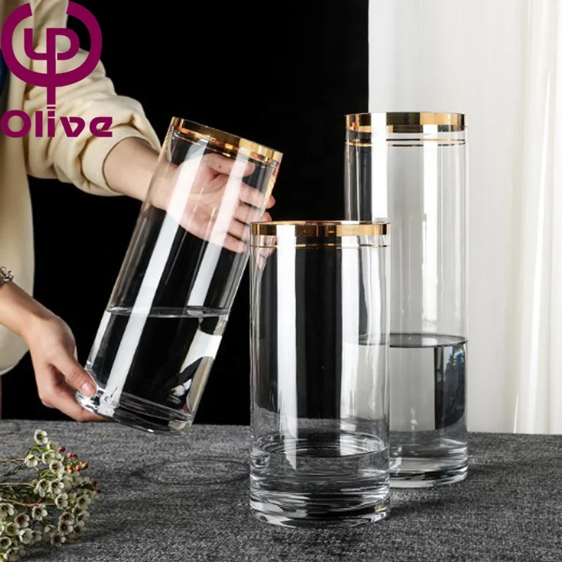 Smart reusable Eco-friendly water nourishing decorative cylindrical thickened grinding hand gold rimmed straight glass vase