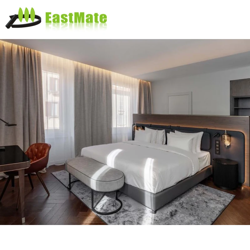 Modern Twin & King Size Bed & Headboard Panel Set Budget Hotel Wood Furniture MDF Material Bedroom Sets from China