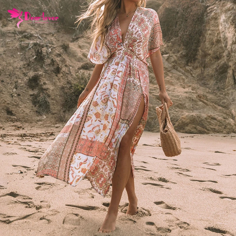 Hot Selling Beachwear Boho Print Deep V Kimono Sleeves Casual Beach Dress
