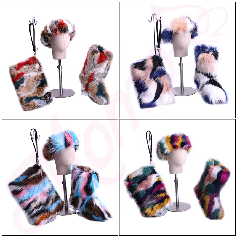 
Factory Wholesale Winter Fashionable Rainbow Women Kids Furry Boots Shoes Faux Fluffy Fur Snow Boots Sets 