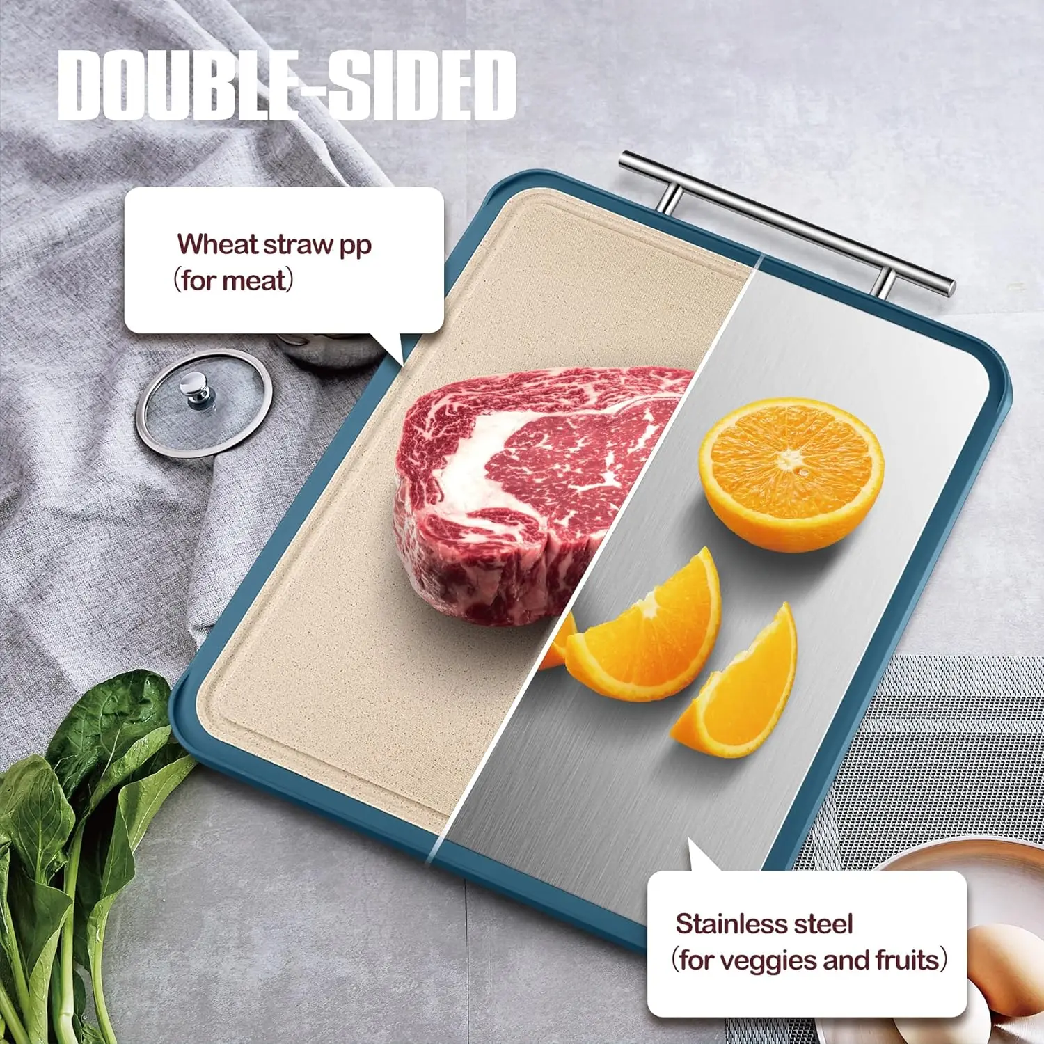 Food Grade Non-slip Easy Clean PP Chopping Serving Blocks 2 In 1 Double Sided Stainless Steel Cutting Board for Kitchen