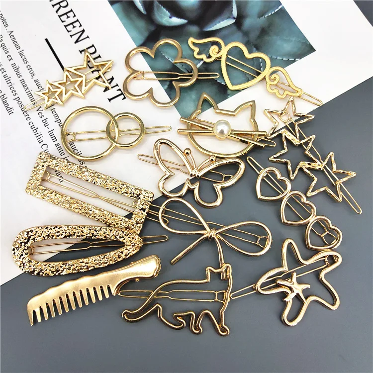 Fashion Wholesale Gold Plated Heart Infinity Star Crown Butterfly Geometric Shaped Women Girl Metal Hair Pins Clips Accessories