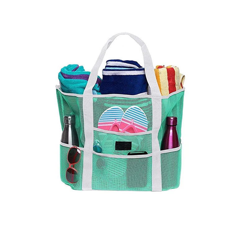 Wholesale 2 in 1 Striped Mesh Beach Tote Bag with Pockets Big for Family Pool