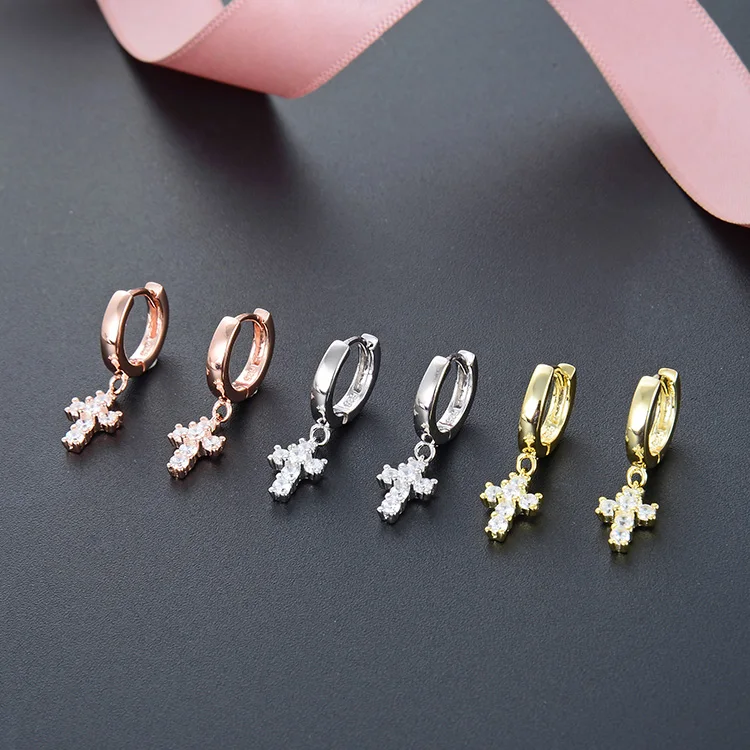 14K Gold Plated Girls Sterling Silver Earrings | Pave CZ Gold Cross Earrings for Women