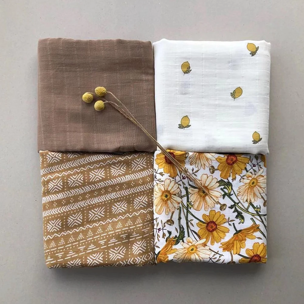 2023 Rainbow Sun Organic Bamboo Cotton Newborn Infant Wraps Set 120x120cm Boho Baby Muslin Swaddle Blanket