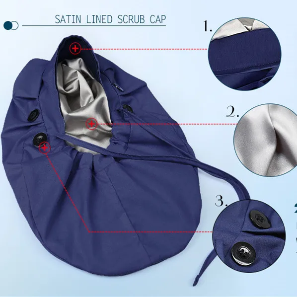 Ponytail Satin Lined Woking Hat Bouffant Scrub Cap with 4 Buttons and Sweatband Adjustable