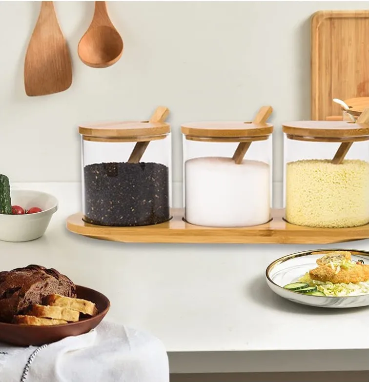 Glass spice jar kitchen seasoning jar set  With Lid Salt And Pepper Containers Food Storage Box With Spoons