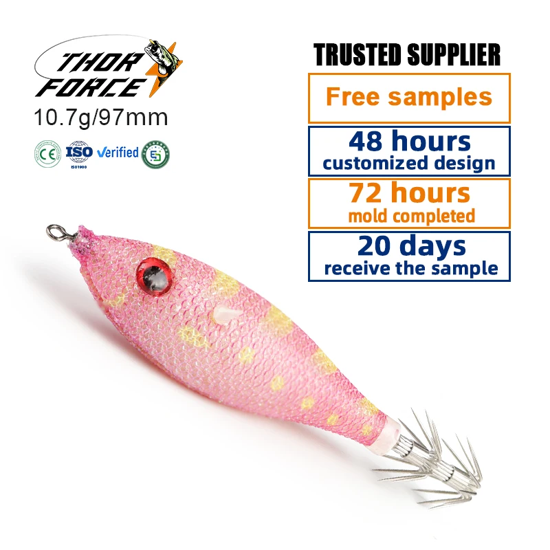 THORFORCE New arrival 97mm10.7g Double Layers Squid Hook Sea fishing water Wooden shrimp Egi squid jig fishing lure