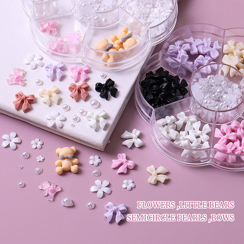 7 grids plum Resin Cream 3d nail jewelry bow flower cartoon steel ball bear heart set flat back complete Nail Art Charm kit
