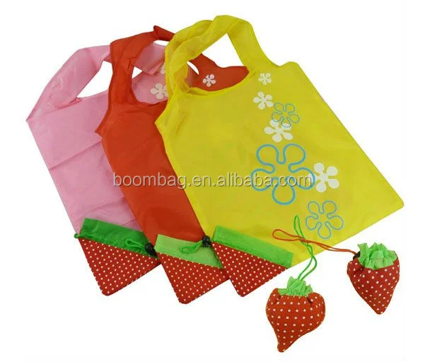 Reusable Polyester Portable Pocket Folding Handbag Strawberry Shaped Foldable Shopping Bag