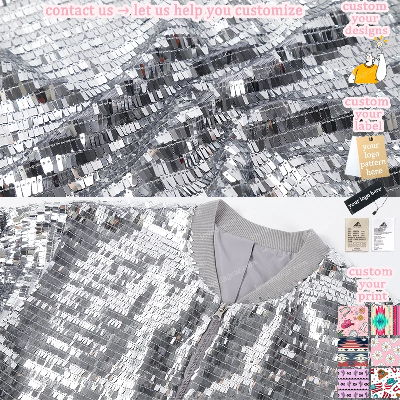 Lovedagear Custom Fall Women Bomber Disco Shiny Glitter Sparkling Embroidery Sequins Bf Style Loose Jacket