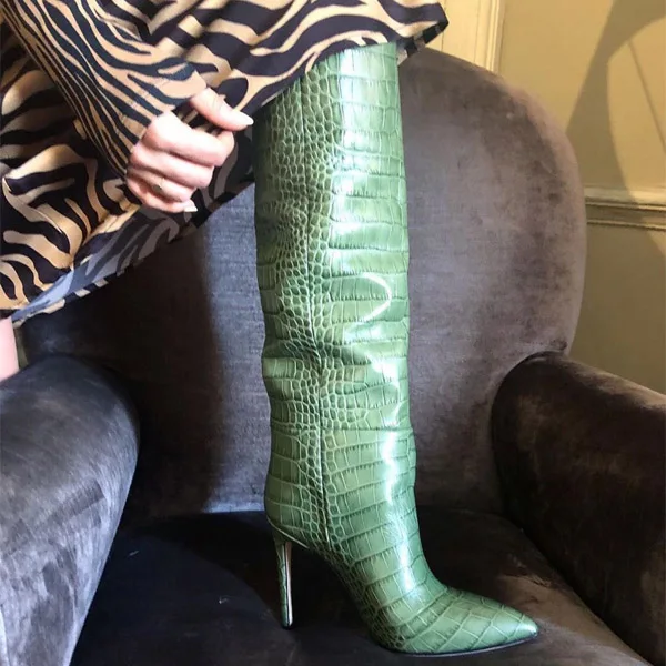 Hoslasen shoes 2020 Winter Big Size White Crocodile Print Boots For Women Over Knee High Boots