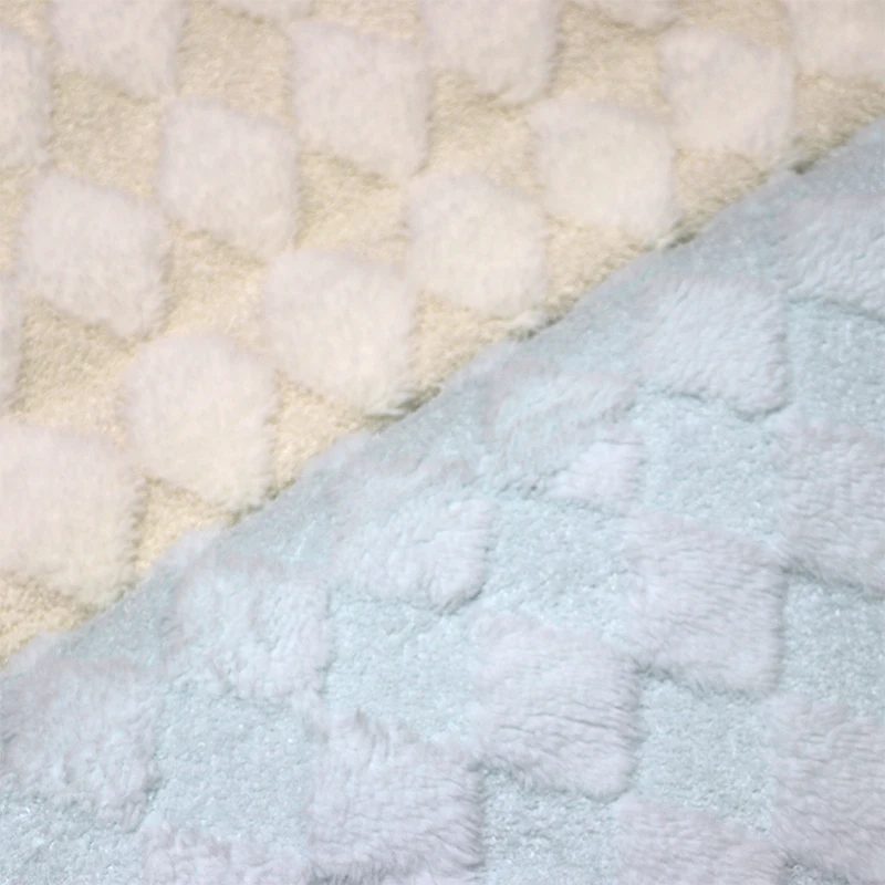 Home Textile 100% Polyester Faux Fur Rabbit Hair Jacquard Square Checked Fabric Grid Fleece Boucle Soft Fluffy Plush Fabric