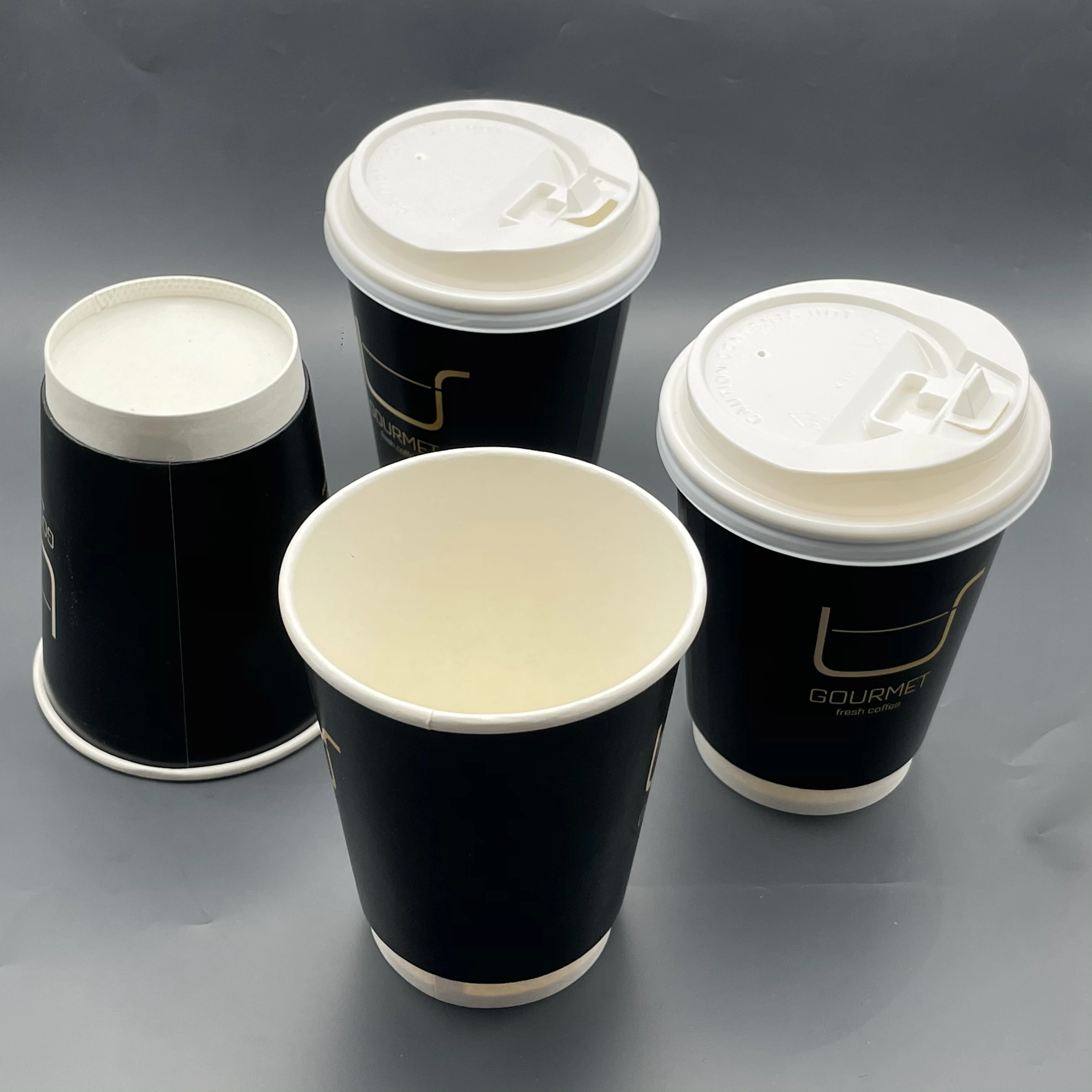 Custom Logo Disposable Double Wall Hot Coffee Paper Cup with PS Lid All Black Customizable with Personalised Design