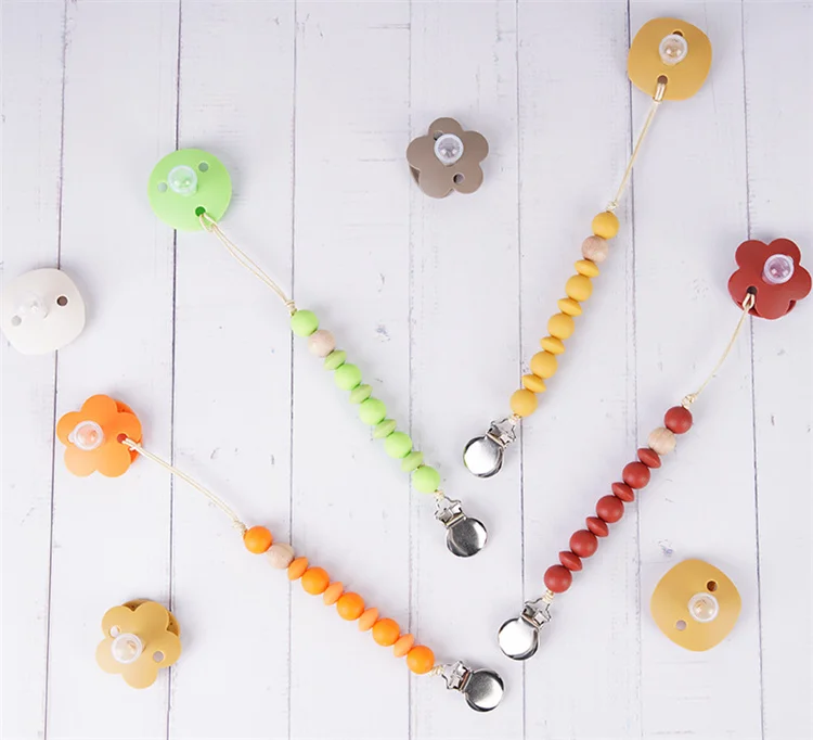 BPA Free Soft Toddler Silicone wood Beads Dummy baby pacifier clip nipple