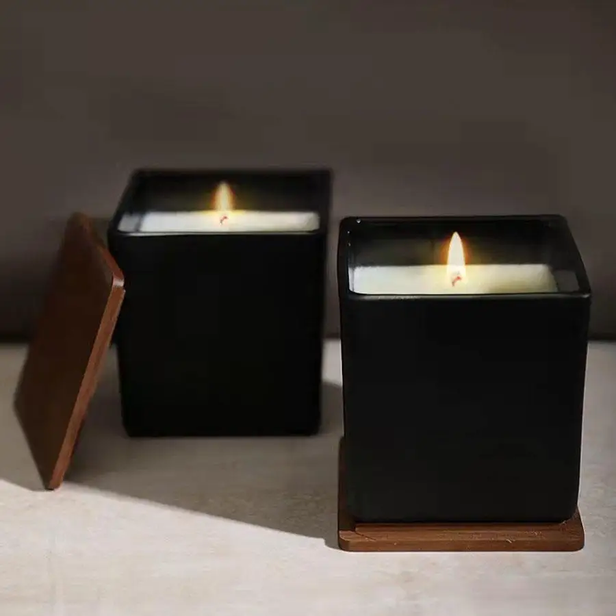 Wholesale Square Matte Glass Candle Jar With Custom Wood Lid Applique Glossy 3 Wick Candle Jar For Scented Candle