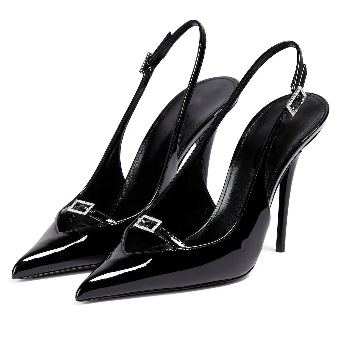 ENMAYER Black Shiny PU Leather Buckle Adjustable Strap Slingback High Heel Sandals Designer Pumps For Women