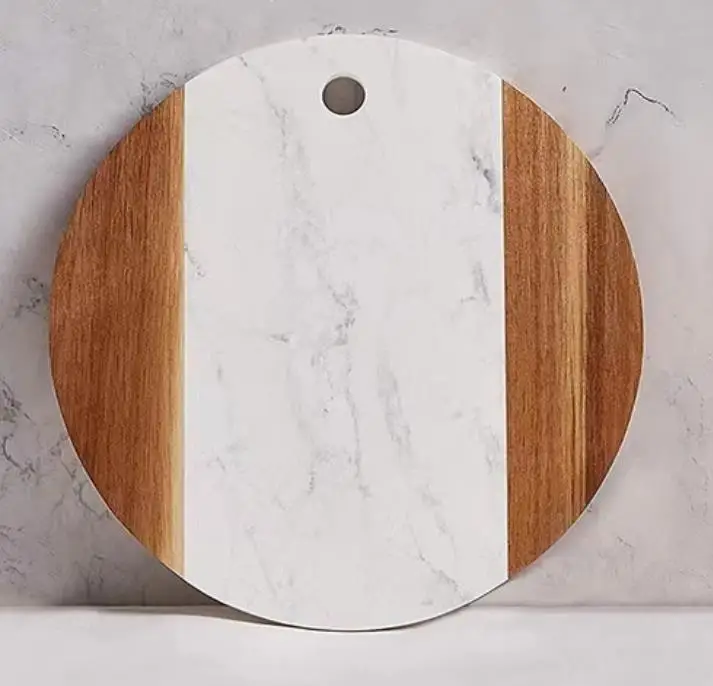 12inch Marble Cheese Board with Acacia Wood Accent - Charcuterie Board for Two - Round Marble and Wood Cheese Board - Marble Cut