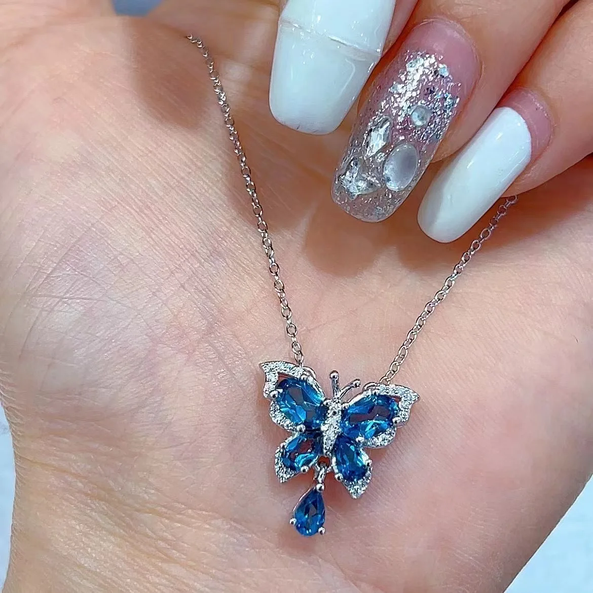 S925 SILVER RHODIUM PLATING SET WITH NATURAL TOPAZ LONDON BLUE NECKLACE