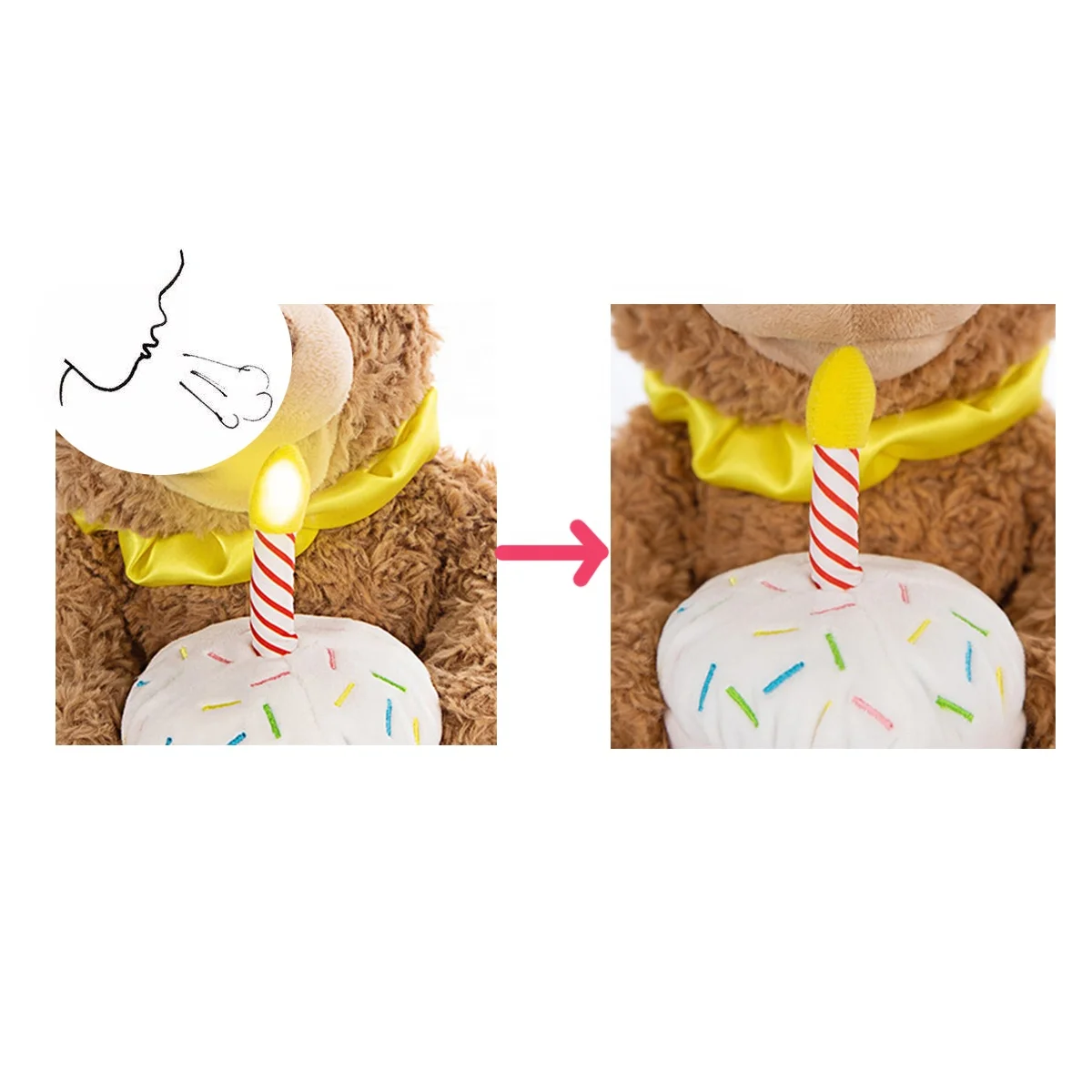 New electric rechargeable interactive musical led light up cupcake shaking sing happy birthday teddy bear plush toy