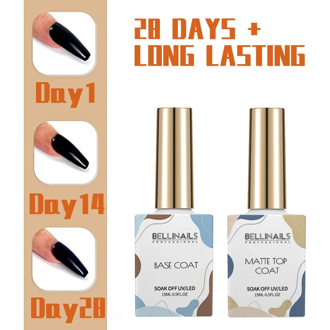 Bellinails Gel Top Coat 15ml Base Top Coat Set for Gel Nail Polish 2Pcs Glossy Shine Top Coat Long Lasting LED Soak off