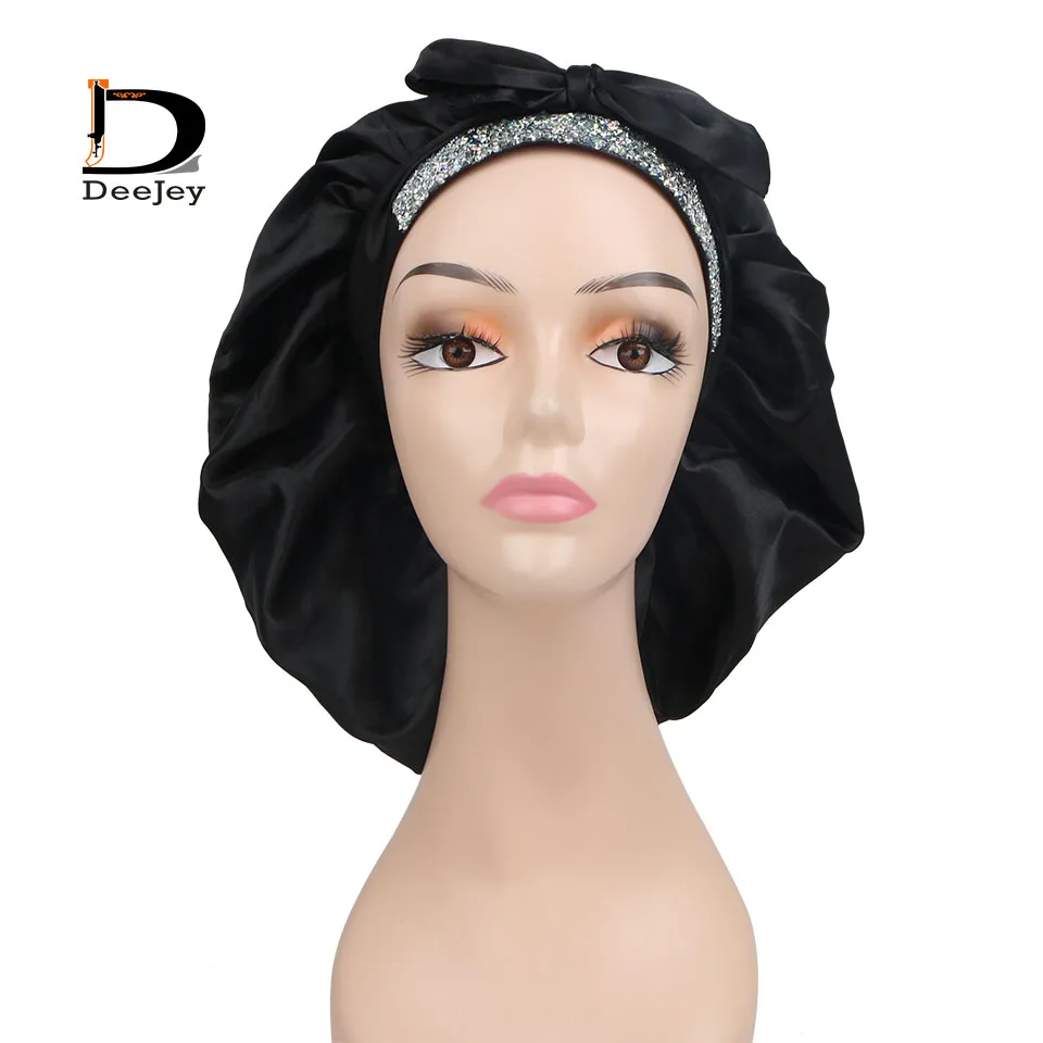 Custom Logo Glitter Diamond Satin Bonnets with Rhinestone Band Double Layer Bonnets and Satin Hair Edge Wraps