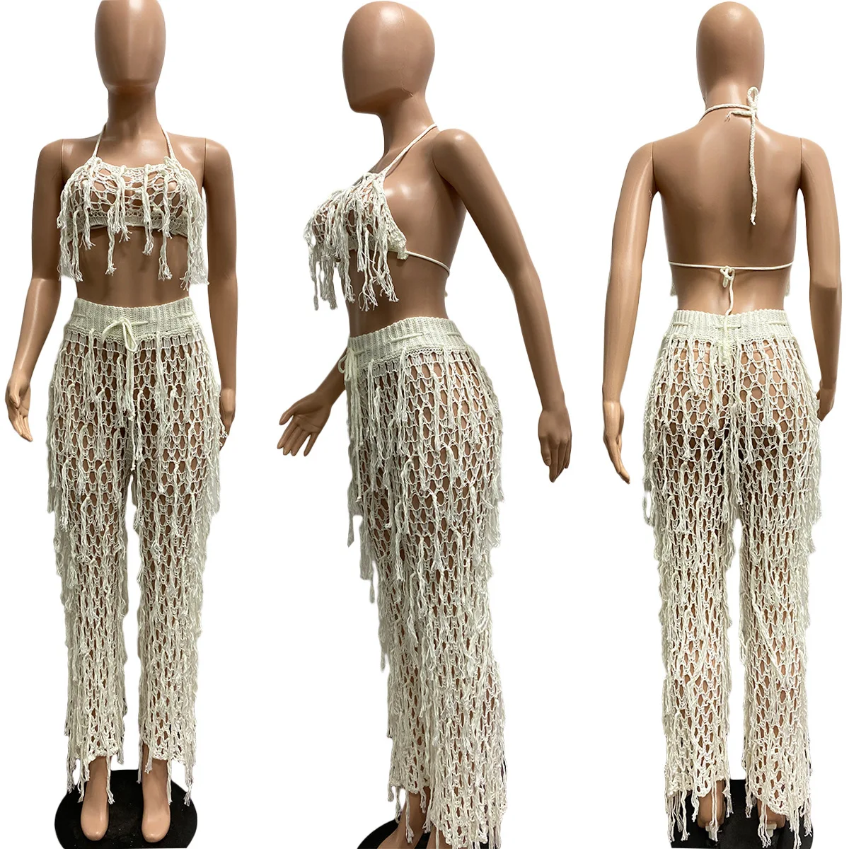 New Sexy Sleeveless Hollow Out Bra And Pants Beach Knit Crochet Women Swimsuit Cover Up Two Piece Outfit Set