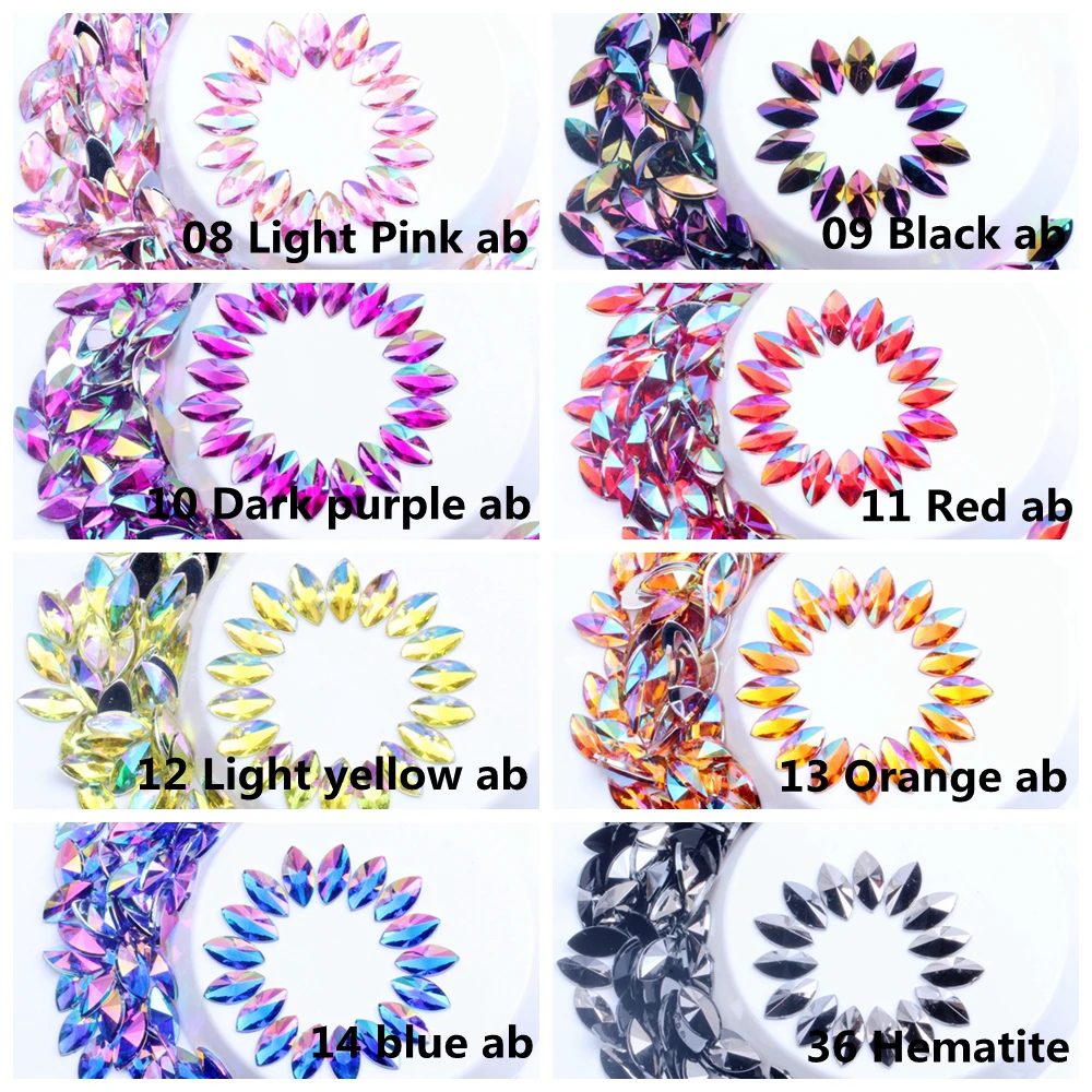 Acrylic charm Rhinestones Glue On 5x10mm 50pcs Flatback Pointed Horse Eye AB Colors For Nails, clothes, bags, shoes