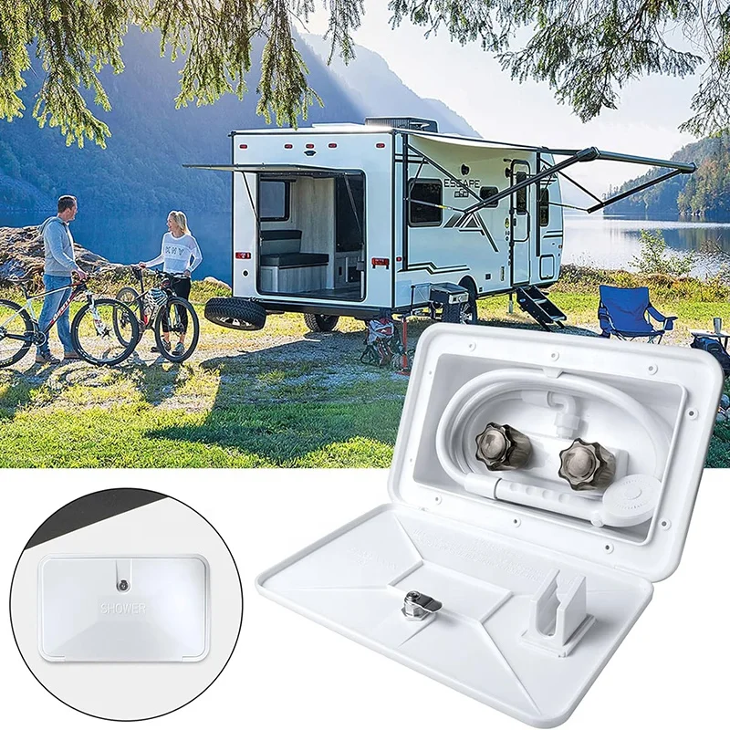 White RV Exterior Shower Box Kit with Faucet and Shower Head & Coiled Hose for RV Camper Travel Trailer,Motorhome and Boat