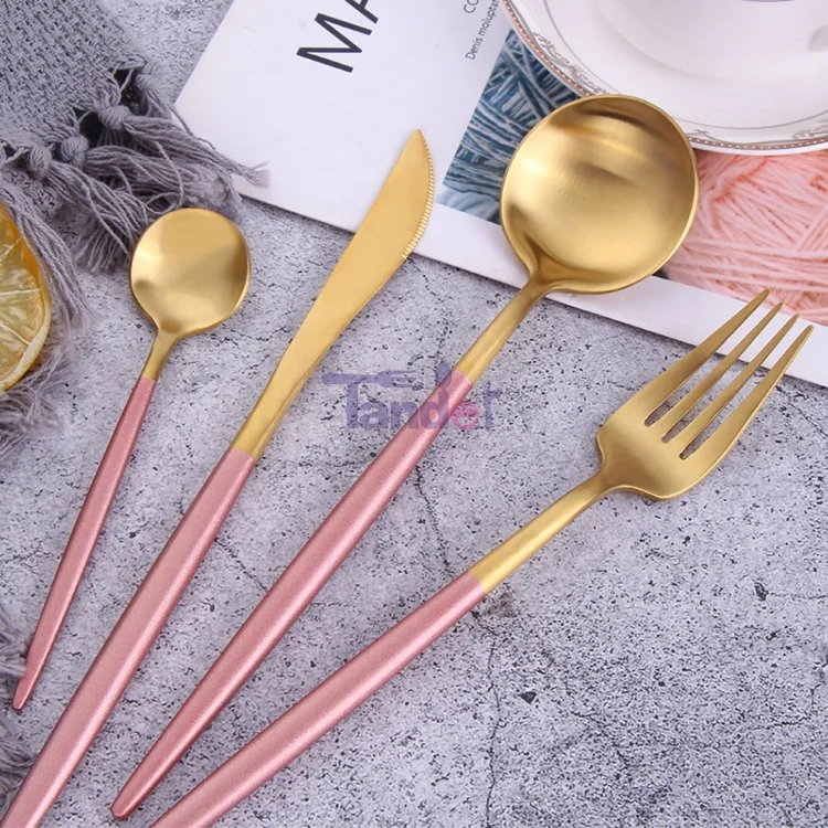 elegant bulk matte gold cutlery pink handle stainless steel flatware