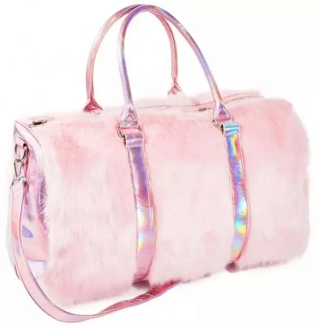 
Hot Female Luxury Fantasy Fur Decorated Handbags Holiday Travel Outdoor Large Capacity Laser Weekender Bag 