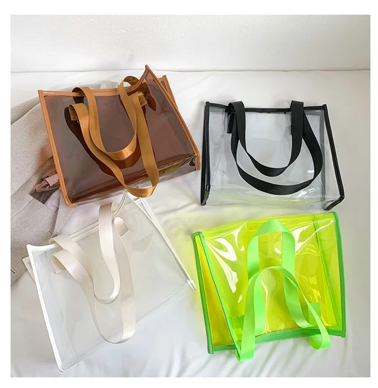 Цветная сумка для покупок из ПВХ с индивидуальным логотипом, сумка для покупок, прозрачная сумка для пляжных покупок с ручкой из искусственной кожи, неоновый розовый