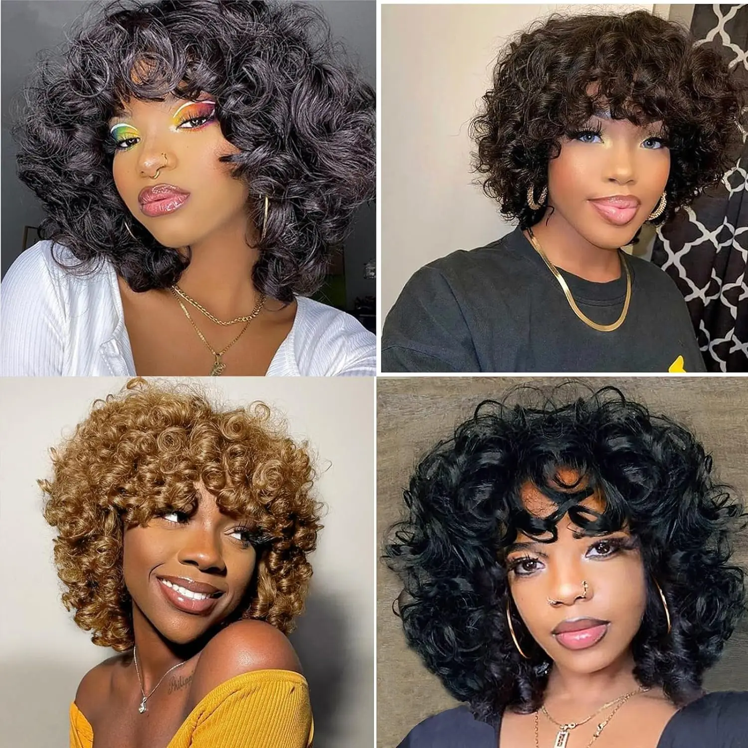 Short Bob Curly Wig with Bangs Human Hair Pixie Cut Wig Bouncy Curls Wear and Go Glueless Wigs for Black Women