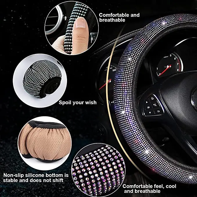 Bling Diamond Steering Wheel Cover for ladies and girls, Shiny car SUV breathable anti-skid steering Wheel cover