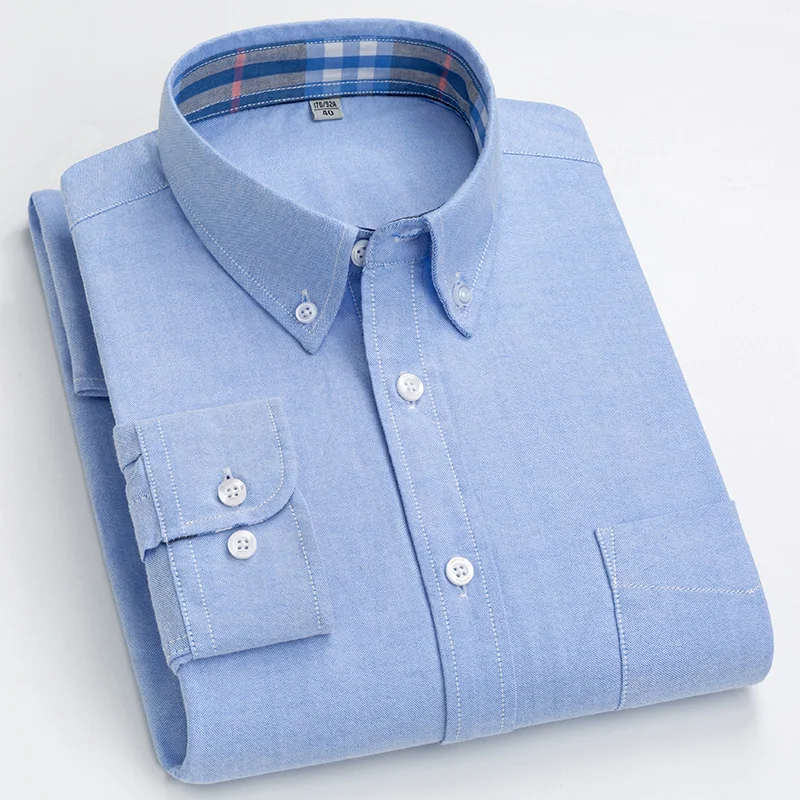 Stock 100% cotton carbon Oxford collar contrast Plaid Long Sleeve Shirt