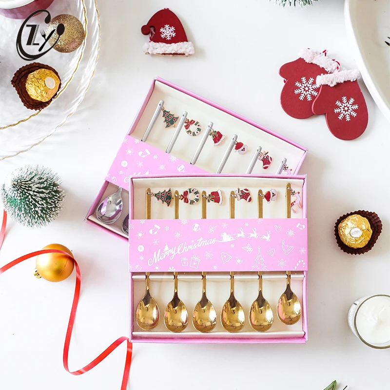 
Custom Christmas Promotional Gifts Coffee Gold Spoons Set Stainless Steel Metal Ice Cream Tea Spoon With Box 