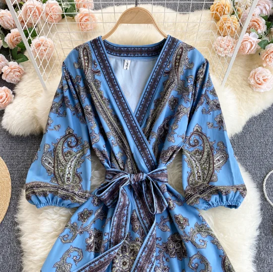 European and American INS new print long holiday skirt V neck tie waist dress women