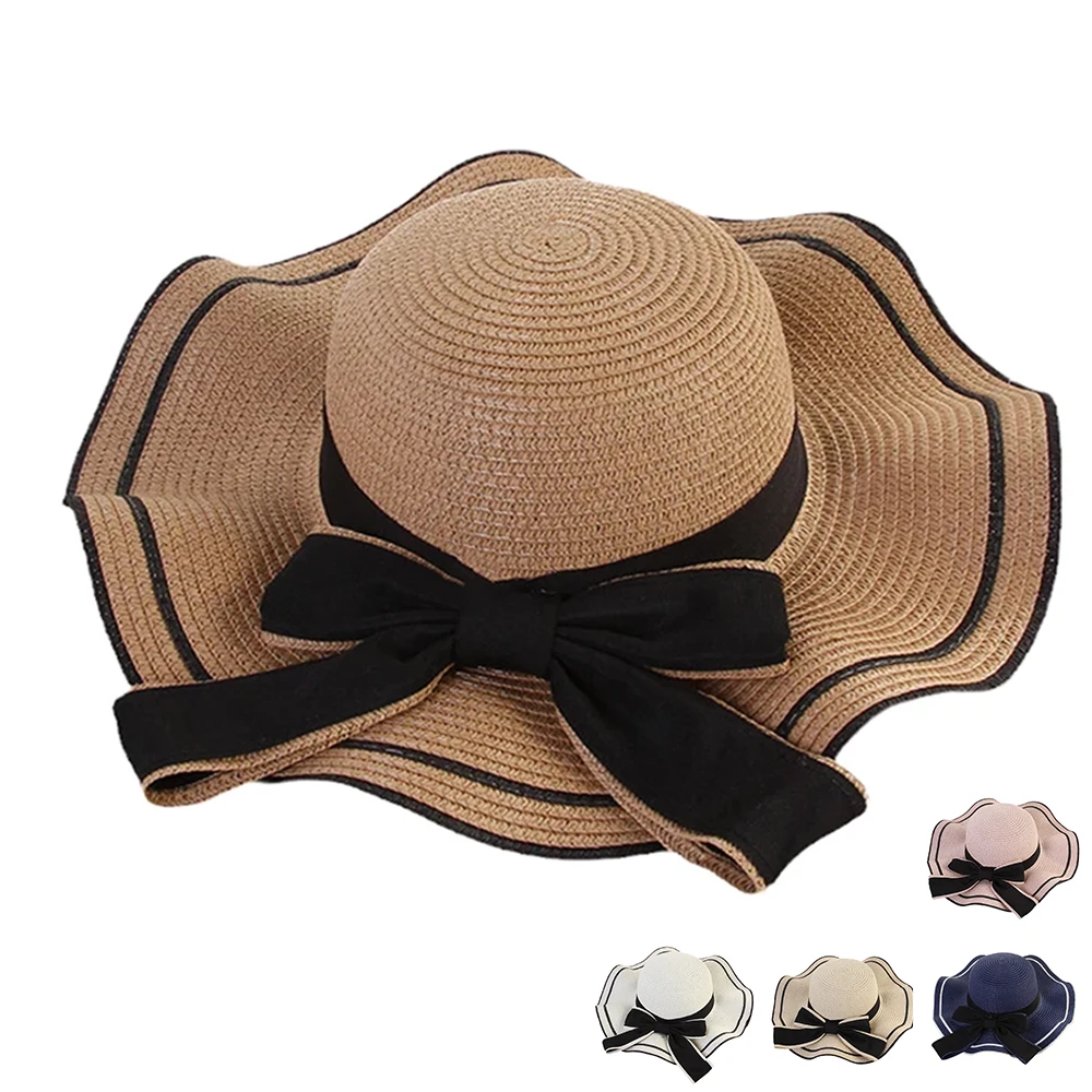 Wholesale Designer Custom Fashion Big Bow Summer Luxury Adjustable Wide Brim Elegant Ladies Beach Straw Hat