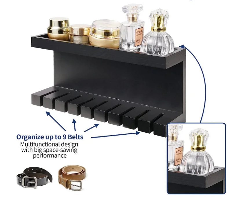 2024 Double Shelving Platform Universal Holder Closet Rack Men Women Black Wood Belt Wall Mounts Organizer Wooden Belt Storage Hanger