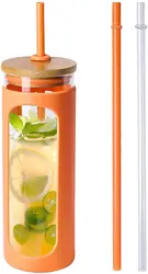 With Bamboo Lid Reusable Wide Mouth Smoothie Cup Straw Silicone Protective Sleeve Iced Coffee Cup Glass