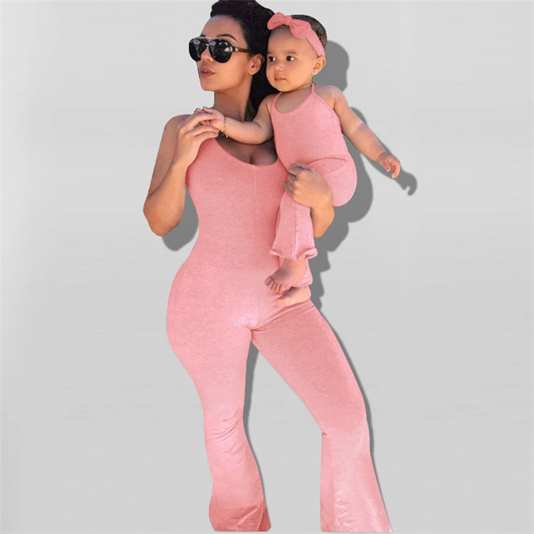 Amelie Hot Selling Halter Sleeveless Solid Color Summer Fashion Mother And Daughter Sets One Piece Long Flared Jumpsuits
