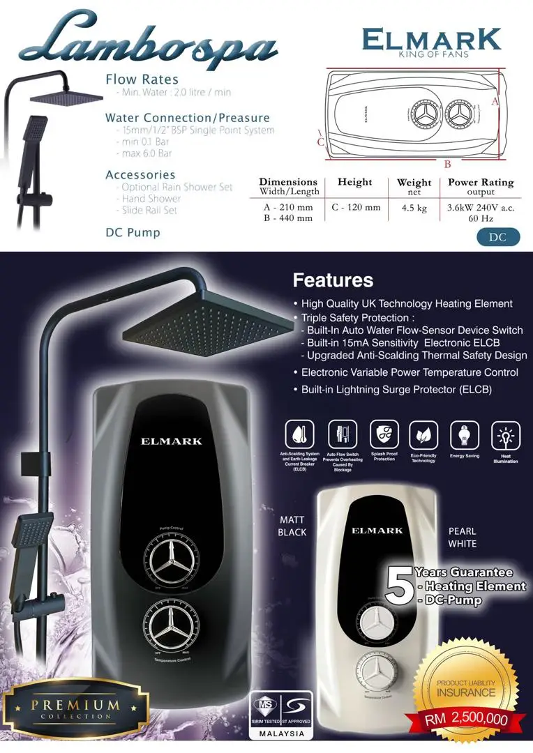 Elmark LAMBOSPA High Quality Electric Water Heater 220V 3.6kW White Sliding Bar ELCB Bathroom Calentador de Agua Hot Water