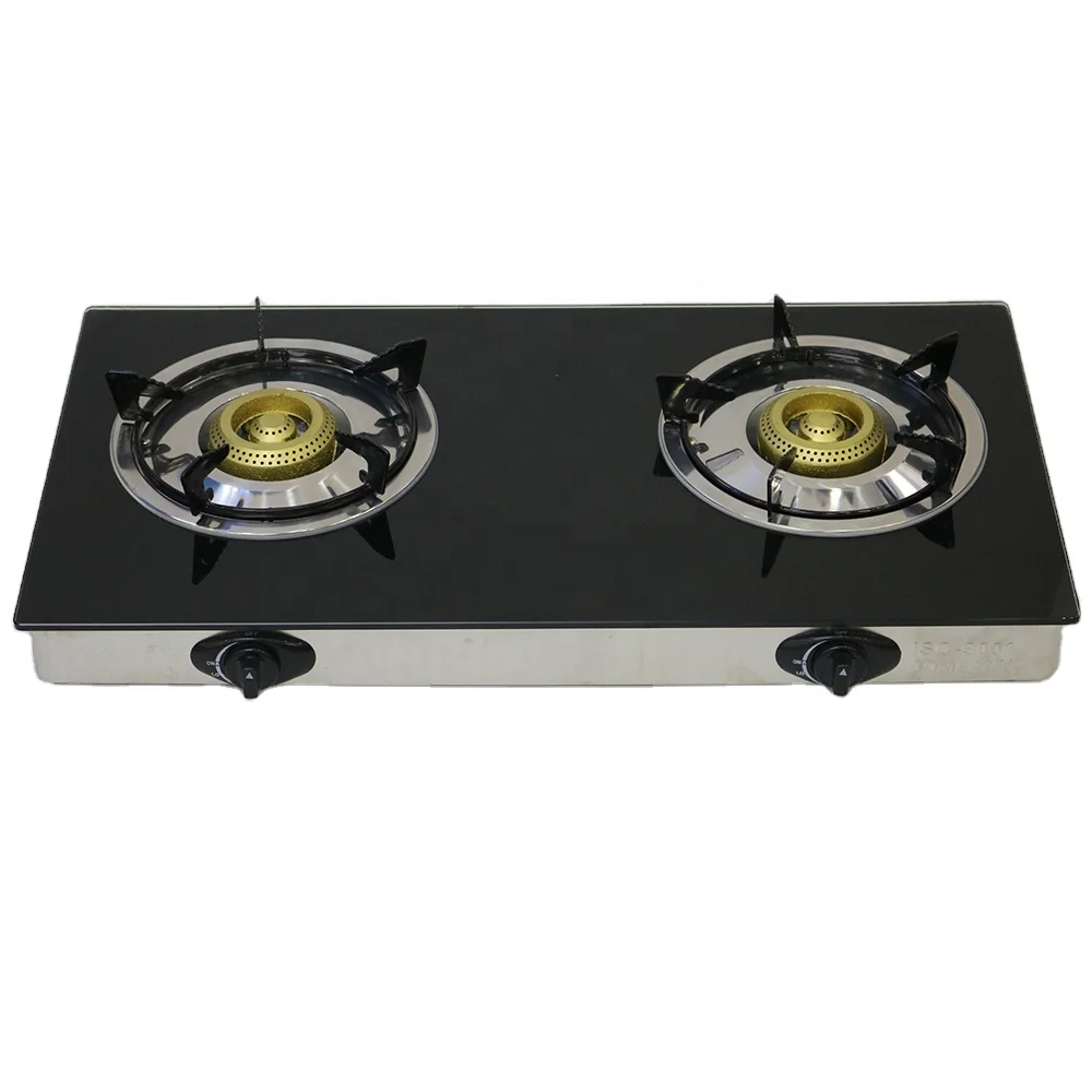 Best Sell Glass Table Top 2 Burner Enameled Water Tray Brass Stove Cooper Stove  Gas Cooktop Wholesale