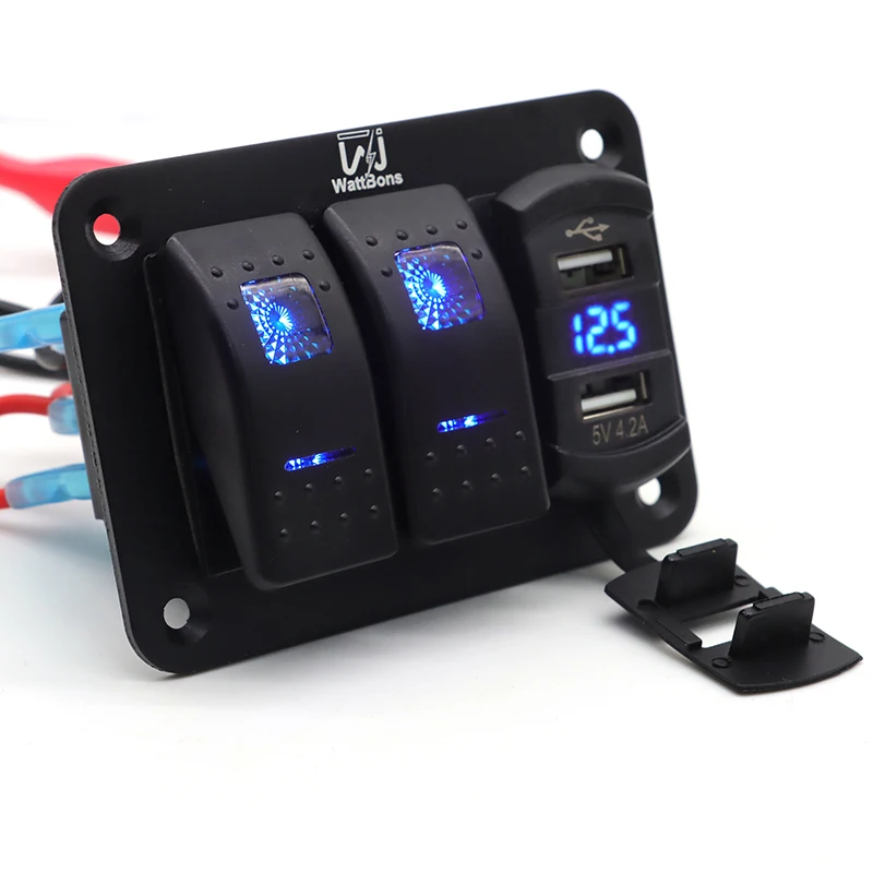 Waterproof 2 Gang Marine Rocker Switch Aluminum Panel 12V Dual USB Charger Digital Voltmeter Cut Off Switch