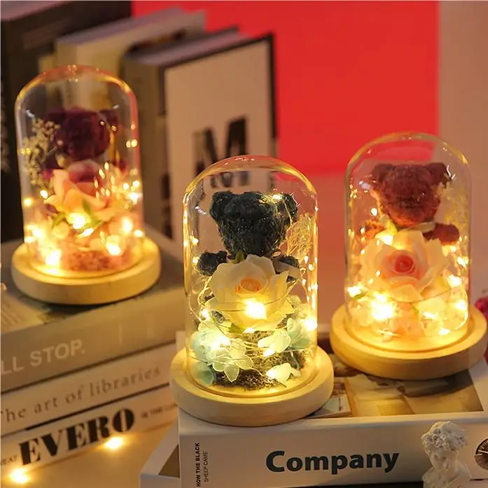 2024 Лидер продаж вечная жизнь цветок стеклянная крышка подарочная коробка креативный подарок День Святого Валентина мох медведь Роза сушеный букет